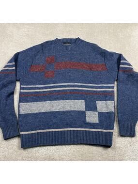 Vintage 80s Pine State Sweater Mens XL Blue Wool Geometric Stripe Crewneck USA